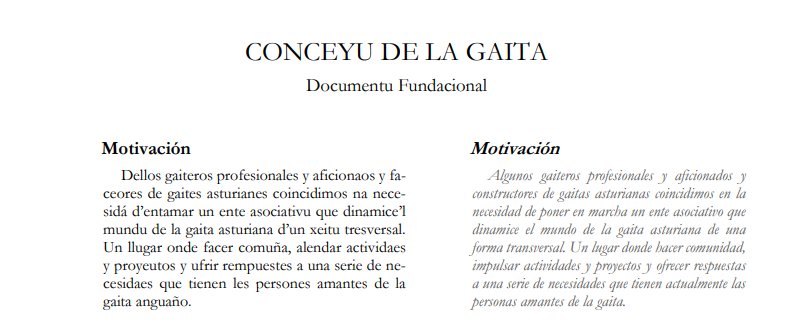 Documentu Fundacional de la asociación Conceyu de la Gaita (Asturies) - Cabecera